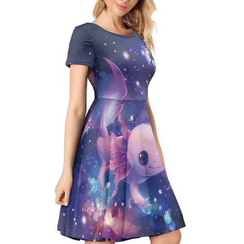 Image of HUGS IDEA Womens Puffy Swing Midi Dress Round Neck Short Sleeve Party A-Line Dresses