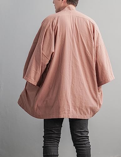Men\'s Cotton Linen Kimono Cardigan 2 Pockets Oversized Noragi Jacket Man Haori Summer Yukata Beach Robe (Brown) - Thumbnail 5