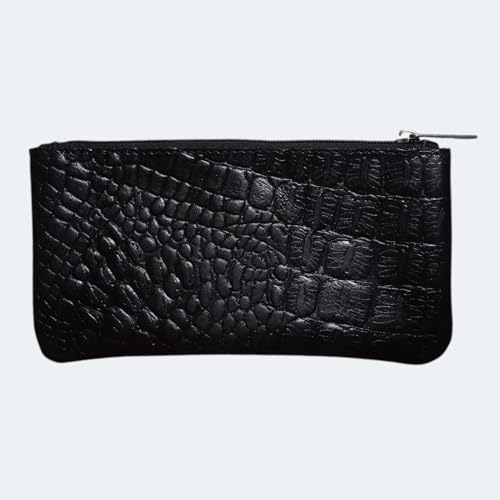 Image of Vintage Leather Pencil Case Pouch, Pen Pouch for Work and University, for Men and Women Elegant & Practical Brown Leather Pencil Cases for Adults Perfect for Office (Croco Black)