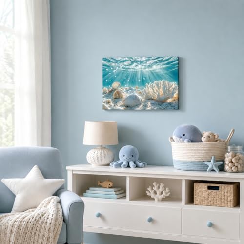 libitea Framed Coastal Canvas Wall Art - Coastal Ocean Relaxation Wall Decor Underwater Sunbeam Seashell Poster Printing Artwork for Bathroom Bedroom Living Room — view 6