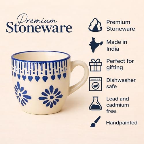 Image of HandPainted Ceramic Tea Cups Set of 12 Small Coffee Chai Serving Mug Microwave Safe | Ideal Gift for Anniversary, Housewarming Parties | Gifts Set for Family&Friends 100 ML Each (Blue Floral Jhallar)