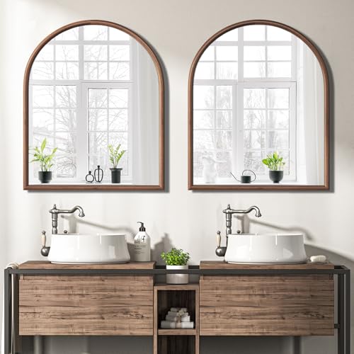 Image of 30 inchx36 inch Arch Wall Mirror for Wall, Wall Mounted Vanity Mirror for Bedroom, Wood Grain Finish Frame Mirror with Tempered Glass, Vintage Decorative for Bathroom, Entryway, Living Room, Walnut