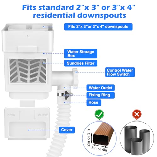 WADEO Rainwater Collection System, Downspout Diverter Fits for 2"x 3" or 3"x 4" Residential Downspouts, Rain Barrel Diverter Kit with Adjustable Valve and Filter, 5FT Hose, White - Thumbnail 5