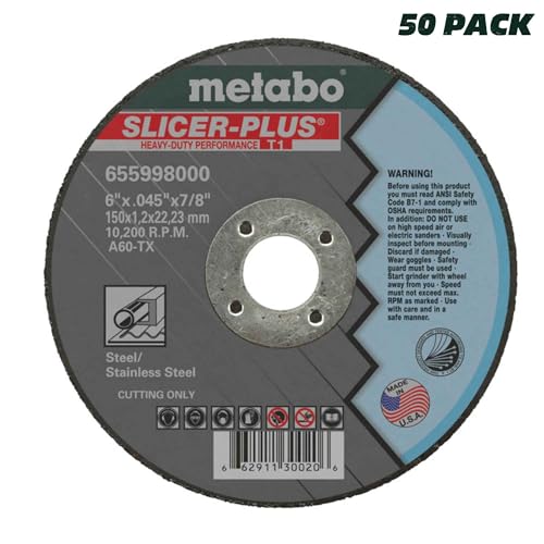 Metabo 655998000 50-Pack | 6-inch Slicer Plus Cutting Wheel | Type 1 | 6" x .045" x 7/8" | A60TX | Zirconia Alumina | Super Performance | Improved Performance in Steel, Stainless Steel