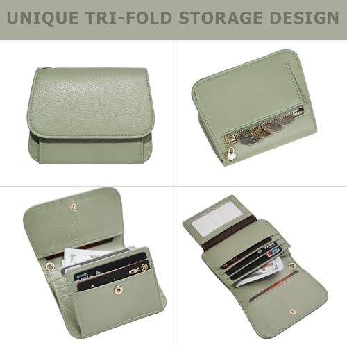 Image of Women Small Wallet RFID Blocking Slim Wallet with Coin Pocket Tri-Fold Credit Card Holder with ID Window and Keychain(Light Green)