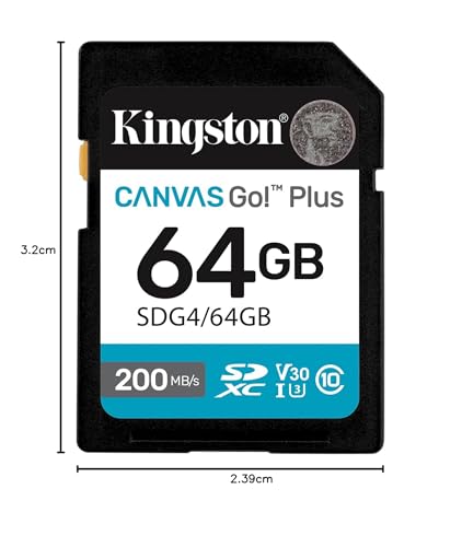 Kingston Canvas Go Plus SDXC Memory Card Gen4 200MB/s C10 UHS-I U3 V30 64GB-SDG4/64GB