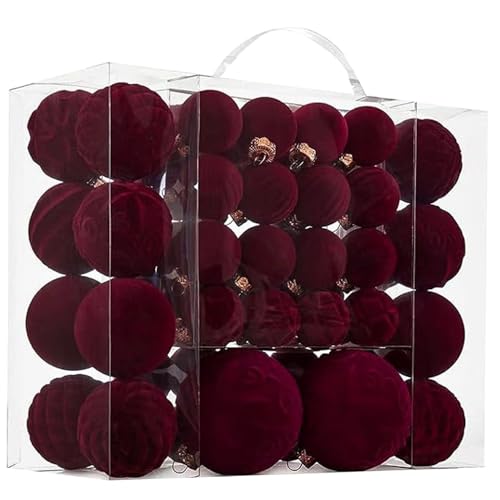 46 Adornos navideños de Terciopelo, 3 tamaños, Adornos de Bolas de Navidad flocados inastillables Vintage para árbol de Navidad, Vacaciones, Bodas, Fiestas, Decoraciones navideñas, Color Rojo Vino