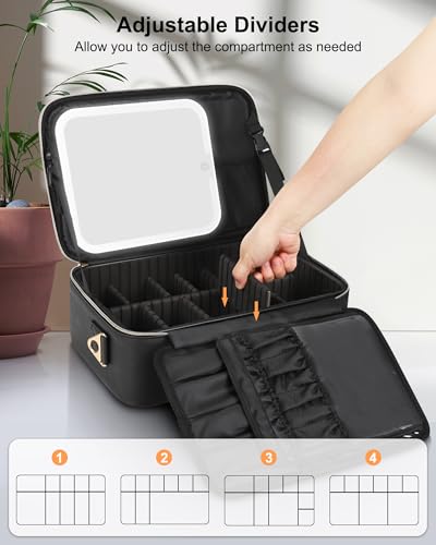 Relavel Makeup Bag with LED Mirror Travel Train Case Large Cosmetic Bags Organizer with Lighted Up Mirror with 3 Color Lights, Adjustable Brightness, Adjustable Dividers and Shoulder Strap (Black)2