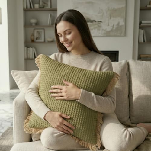 Image of Cotton Cushion Covers 16x16 Inch | Handwoven Olive Green Decorative Square Cushion Case with Fringe | Sofa, Living Room, Bedroom, Diwan Home Decor Throw Cushion Cover