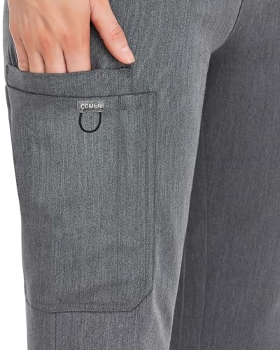 Image of COMENII Scrubs for Women, Knit Yoga Waistband Straight Leg Cargo Pants, Classic Fit Womens Scrubs Pants-R-Graphite XL