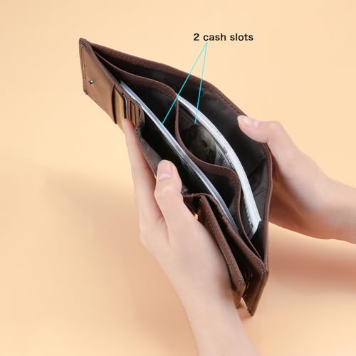 Men's wallet, vintage cowhide, large capacity, multifunctional, short three fold style, buckle closure, RFID shielding protection credit card clip, can hold pants pocket (Red brown)4