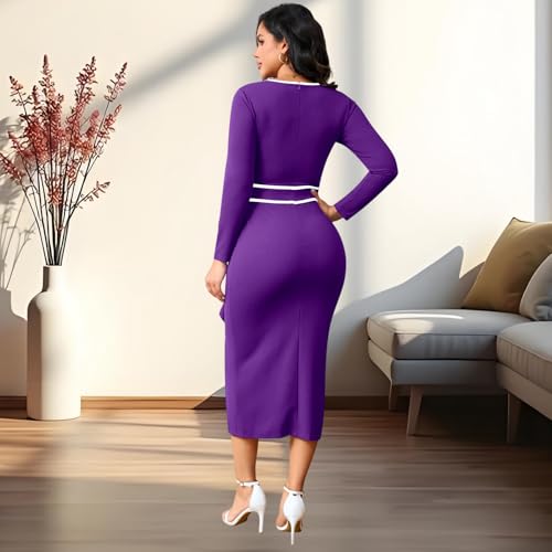 Image of Women's Elegant Church Vintage Bodycon Dress Casual Long Sleeve Work Business Pencil Split Sheath Midi Dresses