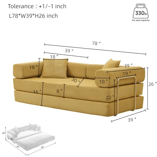 Image of HANXIN Convertible Sleeper Sofa Bed, 78 Inch Folding Floor Mattress Couch with Fixed-Shape Frame, Futon Boneless Couch Lounge Loveseat with Pull Out Bed, No Assembly Required (Yellow)