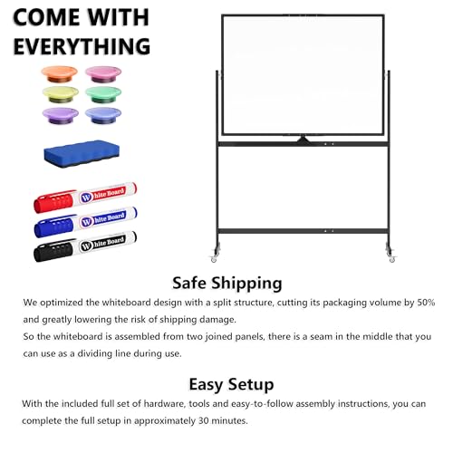 Image of Large Rolling Whiteboard on Wheels, 48 inch x 36 inch Double-Sided Mobile White Board with Stand, 4' x 3' Portable Standing Magnetic Dry Erase Board Easel for Home Office Classroom School, Black