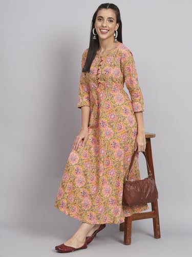 Image of Rapsodia Womens Cotton Green & Brown Floral Printed Flared Kurta