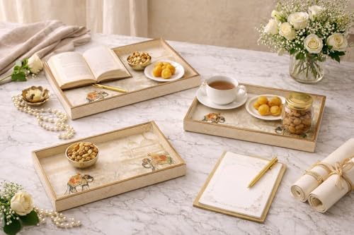 Image of Premium Wooden Serving Tray Set of 3 | Ethnic Indian Art Printed Tea, Coffee & Snack Trays | Decorative Multipurpose Home & Kitchen Serving Tray (F-06)
