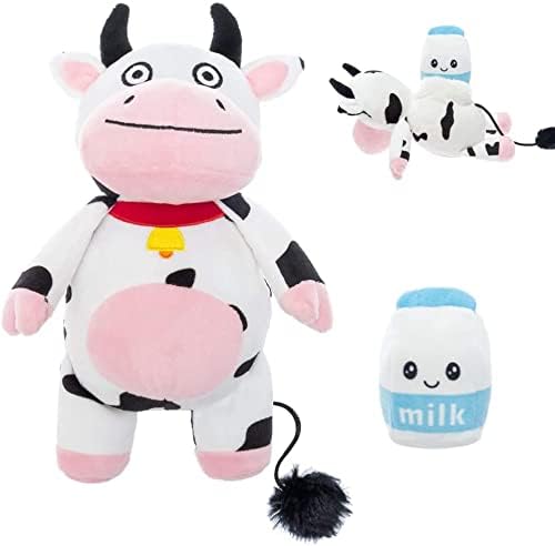 EXPAWLORER Dog Squeaky Toys - Interactive Toys 2-in-1 Stuffed Plush Dog Toys Cute Dairy Cow and Milk Box Inside, Durable Tug and Fetch Chew Toys for Small Medium Dogs