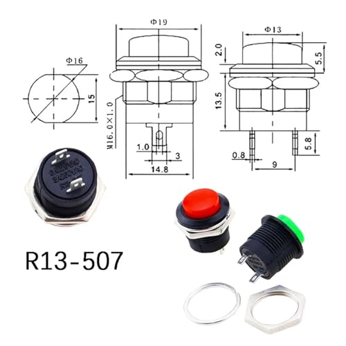 Bouton-poussoir momentané 16mm R13-507 3A commande précise bleu - 6