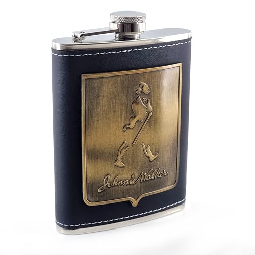 Image of JWPB Stainless Steel Hip Flask with Funnel 8 Oz (236 ml) I Stitched PU Leather Cladding with Metal Plate Design Whiskey Flask I Unisex Alcoholic Drinks Holder Pocket Bottle (JWP Black+Funnel)