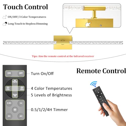 Image of iThird Crystal Bubble Gold Wall Sconces Set of 2: 10000mAh Rechargeable Wireless Lights with Remote & 360 Rotate, 4 Color Temps Dimmable, 31 inch Lamp Decor for Bedroom Living Room Mirror