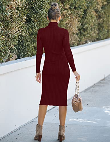 Image of MEROKEETY Women's Ribbed Long Sleeve Sweater Dress High Neck Slim Fit Knitted Midi Dress