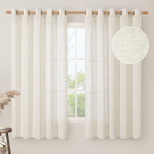 Image of LAMIT Natural Linen Curtains 63 inch Length for Living Room, Boho Semi Sheer Light Filtering Window Textured Neutral Drapes with Bronze Grommet for Bedroom, 2 Panels Set, 60 x 63 Inch