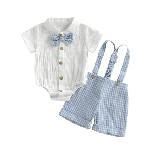 Image of Vicaankue Newbron Baby Boy Summer Outfit Cotton Linen Button Short Sleeve Bowtie Shirt Romper Suspender Shorts Set