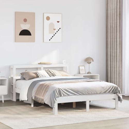 qohoio Estructura de Cama con cabecero Estructura Cama Bed Frame Cama con cabecero somier Madera Pino Blanco 135x190 cm - 3306038