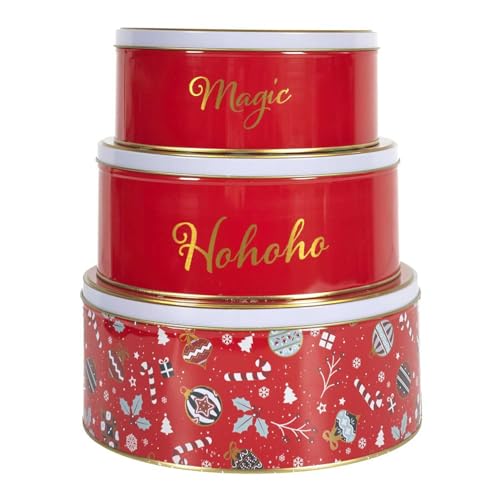 HOME DECO FACTORY Cook Concept - BT6807, Boîtes en métal décoratives de Noël - Set de 3 - pour Conservation des Biscuits - Design Festif, pour Cadeau, Pratique - Couleur Rouge