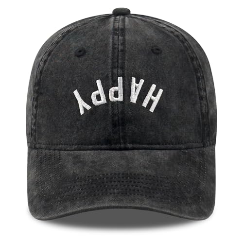 DYBICKT Happy Funny Vintage Embroidered Classic Baseball Cap for His Her Washed Cotton Retro Dad Hat for Men Women Casual Soft Brim Gift Ideas Black