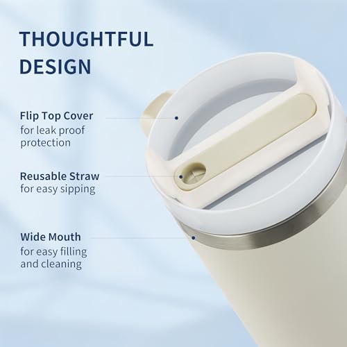 Image of AXEON Stainless Steel Tumbler with Handle & Straw - 900ml | Double Wall, Reusable & Leak-Proof Stanley Sipper | Travel Coffee & Cold Drink Cup for Gym, Office & Travel, Cream Colour
