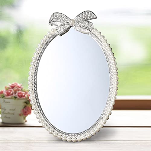 Miroir de table ovale cadeau chic argent brillant strass perles blanches