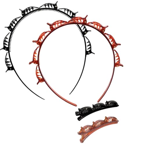 Jinshining 4Pcs Double Bangs Hairband with 8 Small Clips Women's Double Layer Twist Braid Tools for Curly, Thick Hair Toothed Headbands, Hair Braiding Accessories (Black and Reddish Brown)