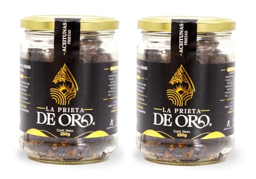 LA PRIETA DE ORO Aceitunas Deshidratadas Variedad Manzanilla Fina Sevillana Negra 100% Natural Artesana Fuente de Ácidos Grasos Omega 3 Omega 6 Libre de Alérgenos Conservantes Colorantes PACK(2) 250g