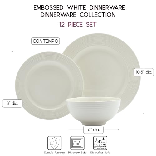 Image of TTU Tabletops Gallery Embossed Bone White Porcelain Round Dinnerware Collection- Chip Resistant Scratch Resistant, Contempo 12 Piece Dinnerware Set (Dinner Plate, Salad Plate, Cereal Bowl)