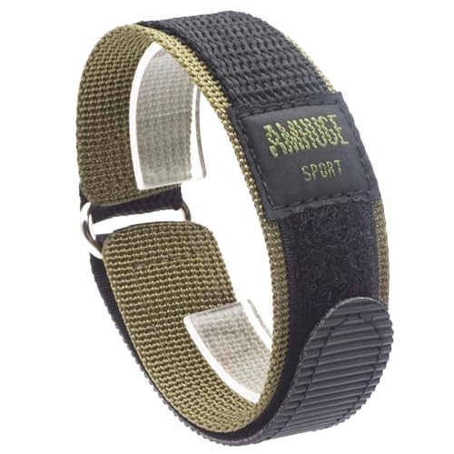 AMHUGE Hook & Loop Nylon Sport Watch Band Waterproof Outdoor Watch Strap Black Gray 18mm 20mm 22mm for Men or Women (Olive（Silver Stainless Steel Buckle）, 22mm-Long)