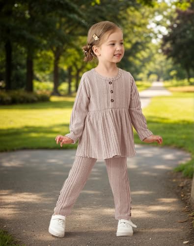 Kucnuzki Toddler Baby Girl Clothes Outfit Long Sleeve Plain T Shirt Top Baby Girl Pants Leggings Two Piece Outfits Set3