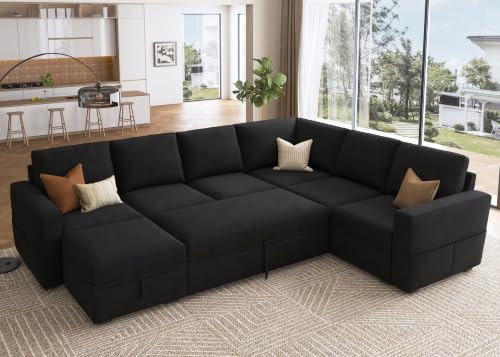 Image of HONBAY Sectional Sleeper Couch with Pull Out Bed, U Shaped Sectional Sofa with Storage, Modular Velvet Sectional Couches for Living Room, Black