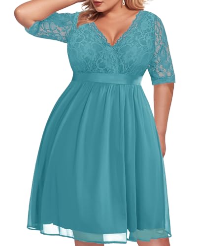 Image of Pinup Fashion Plus Size Lace Chiffon Wrap V Neck Dresses Women Cocktail Wedding Guest Midi Dress