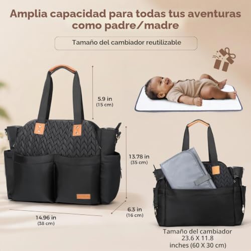 Miniatura 5 de Lekebaby Bolso Cambiador Grande Con Cambiador De Viaje, 19 Bolsillos, Bolsa Para Pañales De Viaje Para Mamá Y Papá, Bolsa Multifunción Para Bebé, Espiga Negra De Trigo