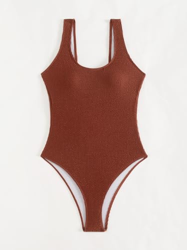 Image of Limeeke Women One Piece Swimsuit Solid Ribbed Monokini Swimwear Scoop Neck Low Back Bathing Suit
