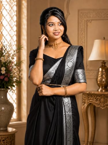 Image of Women's Glory Banarasi Satin Silk Saree Plain Silver Zari | Unstiched Blouse Piece Included.