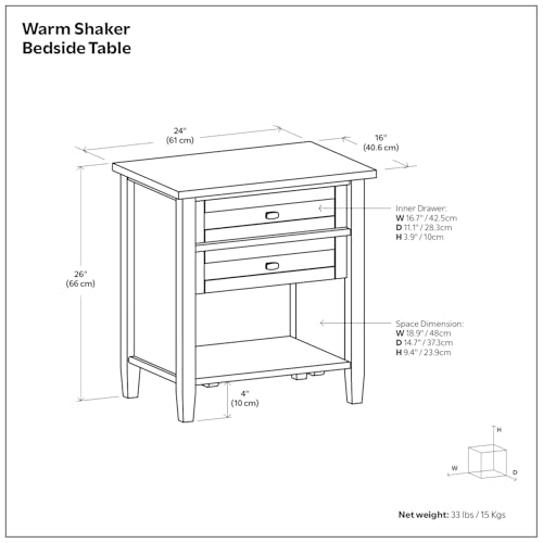 SIMPLIHOME Warm Shaker Bedside Table - 24 inch Wide Solid Wood Nightstand in Light Golden Brown, Transitional Bedroom Side or End Table with 2 Drawers, Open Shelf Storage and Brushed Nickel Hardware