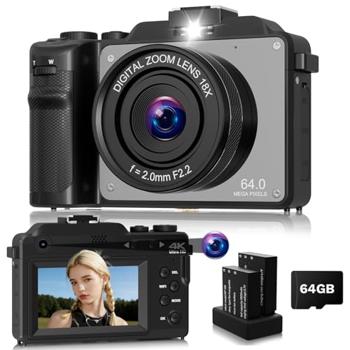 Cámara digital para fotografía, 4K 64MP con lente selfie y zoom 20X, WiFi, cámara compacta de vlogging para YouTube como cámara web, cámara de viaje portátil con 2 baterías para estudiantes