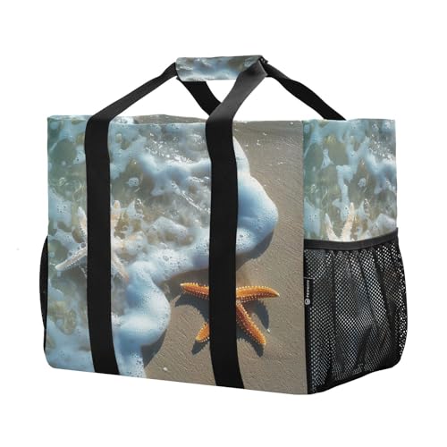 YETTASBIN Starfish Beach Large Foldable Travel Tote Bag, Lightweight Waterproof Swim Pool Bag with Handles & Pocket for Beach Outdoor, Reusable Grocery Bag for Kitchen, Shopping