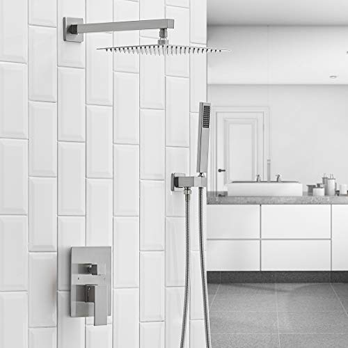 BWE Sistema de Ducha para Baño Montado en Pared de 16 Pulgadas en Níquel Cepillado con Ducha de Lluvia y Cabezal de Ducha Manual, Válvula de Balance de Presión, Placa de Escudo miniatura 3