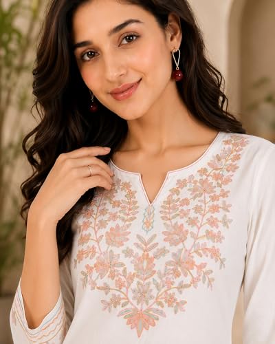 Image of Women's Gulnar Pure Cotton Kashmiri Embroidered A-line 3 /4 Cuff Sleeves Kurti | Short Kurta