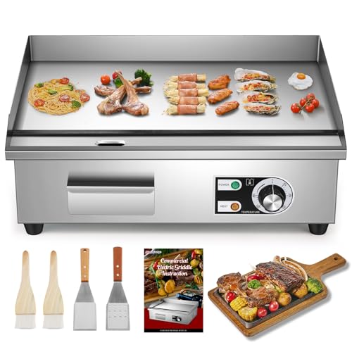 Moongiantgo Plancha Eléctrica Comercial 22 , Parrilla Plana De Acero Inoxidable Con Caja De Aceite Extraíble Y Temp Ajustable 0-300 C , Teppanyaki Antiadherente Para Restaurantes, Cocinas 22