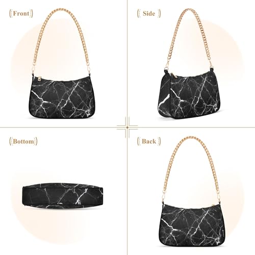 Black Marble White Gray Veining Tote Handbag Womens Print Shoulder Purses Classic Purse Hobo Totes Zipper Closure Chain Strap 6