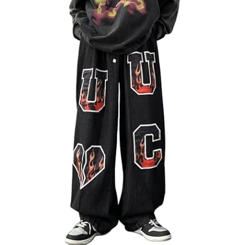 jupkem Baggy Jeans Y2k Goth Wide Leg with Flame Letter Graphic Men Oversized Hiphop Straight Leg Pants Harajuku Streetwear(Black-XL) Cover